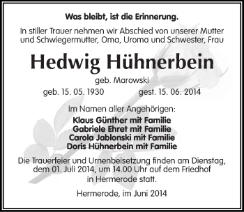 Traueranzeige von Hedwig Hühnerbein von Mitteldeutsche Zeitung Mansfelder Land