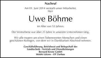Traueranzeige von Uwe Böhme von Mitteldeutsche Zeitung Weißenfels