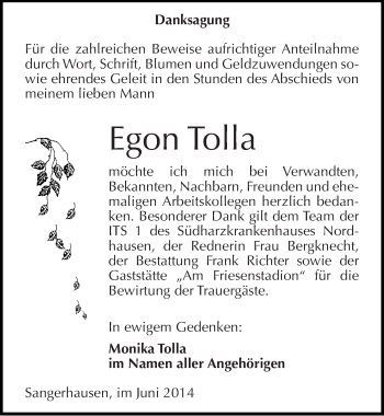 Traueranzeige von Egon Tolla von Mitteldeutsche Zeitung Sangerhausen