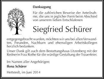 Traueranzeige von Siegfried Schürer von Mitteldeutsche Zeitung Mansfelder Land