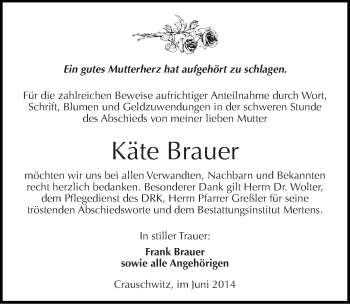 Traueranzeige von Käte Brauer von Mitteldeutsche Zeitung Naumburg/Nebra