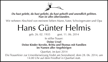Traueranzeige von Hans Günter Helmis von Mitteldeutsche Zeitung Merseburg/Querfurt