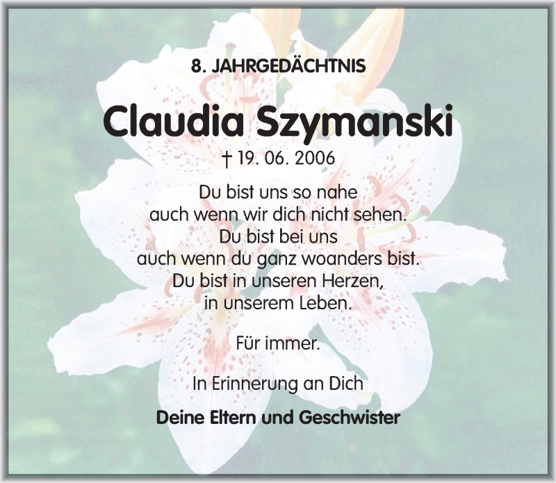  Traueranzeige für Claudia Szymanski vom 19.06.2014 aus Mitteldeutsche Zeitung Mansfelder Land