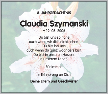 Traueranzeige von Claudia Szymanski von Mitteldeutsche Zeitung Mansfelder Land