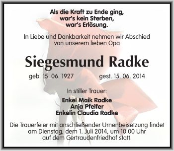 Traueranzeige von Siegesmund Radke von Mitteldeutsche Zeitung Halle/Saalkreis