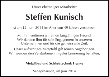 Traueranzeige von Steffen Kunisch von Mitteldeutsche Zeitung Sangerhausen