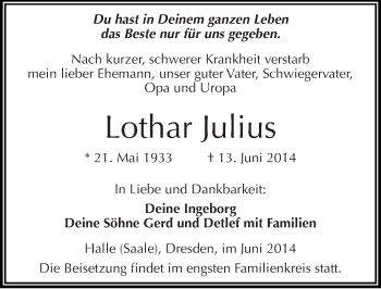Traueranzeige von Lothar Julius von Mitteldeutsche Zeitung Halle/Saalkreis