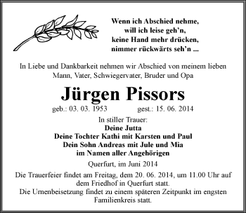 Traueranzeige von Jürgen Pissors von Mitteldeutsche Zeitung Merseburg/Querfurt