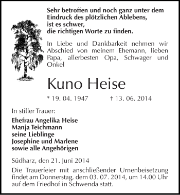 Traueranzeige von Kuno Heise von Mitteldeutsche Zeitung Sangerhausen