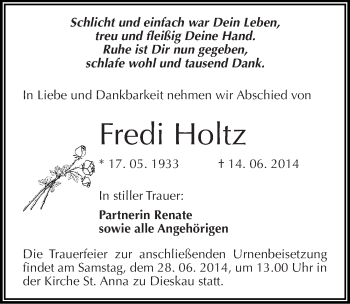 Traueranzeige von Fredi Holtz von Mitteldeutsche Zeitung Halle/Saalkreis
