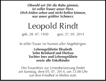 Traueranzeige von Leopold Rindt von Mitteldeutsche Zeitung Halle/Saalkreis