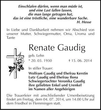 Traueranzeige von Renate Gaudig von Mitteldeutsche Zeitung Naumburg/Nebra