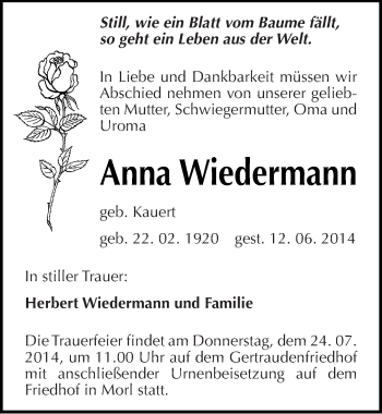 Traueranzeige von Anna Wiedermann von Mitteldeutsche Zeitung Halle/Saalkreis