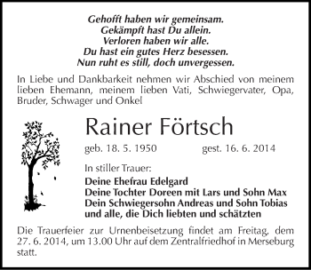 Traueranzeige von Rainer Förtsch von Mitteldeutsche Zeitung Merseburg/Querfurt
