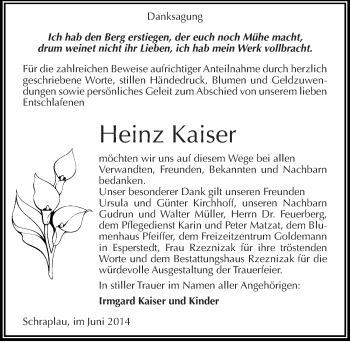Traueranzeige von Heinz Kaiser von Mitteldeutsche Zeitung Merseburg/Querfurt