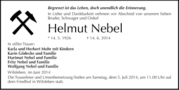 Traueranzeige von Helmut Nebel von Mitteldeutsche Zeitung Aschersleben