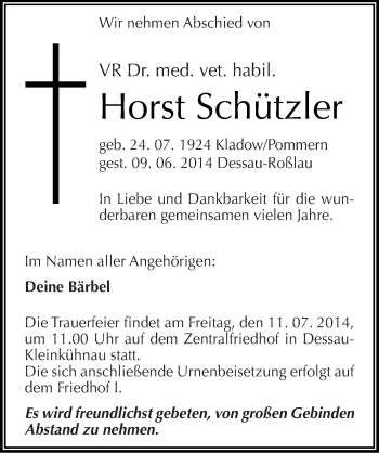 Traueranzeige von Horst Schützler von Mitteldeutsche Zeitung Dessau-Roßlau