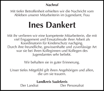Traueranzeige von Ines Dankert von Mitteldeutsche Zeitung