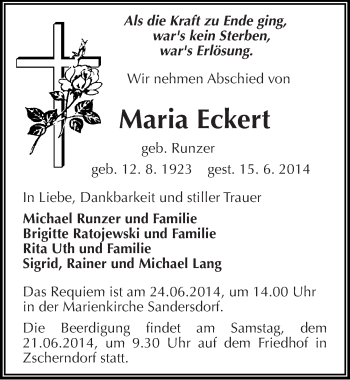 Traueranzeige von Maria Eckert von Mitteldeutsche Zeitung Bitterfeld