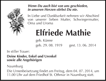 Traueranzeige von Elfriede Mathie von Mitteldeutsche Zeitung Naumburg/Nebra