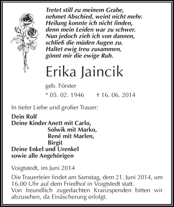 Traueranzeige von Erika Jaincik von Mitteldeutsche Zeitung Sangerhausen