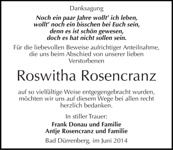 Traueranzeige von Roswitha Rosencranz von Mitteldeutsche Zeitung Merseburg/Querfurt