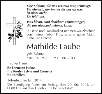 Traueranzeige von Mathilde Laube von Mitteldeutsche Zeitung Halle/Saalkreis
