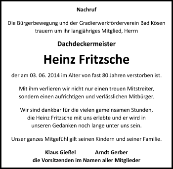 Traueranzeige von Heinz Fritzsche von Mitteldeutsche Zeitung Naumburg/Nebra