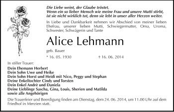 Traueranzeige von Alice Lehmann von Mitteldeutsche Zeitung Köthen