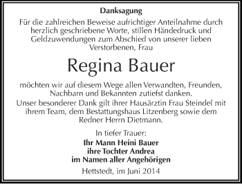 Traueranzeige von Regina Bauer von Mitteldeutsche Zeitung Mansfelder Land