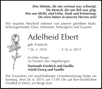 Traueranzeige von Adelheid Ebert von Mitteldeutsche Zeitung Merseburg/Querfurt