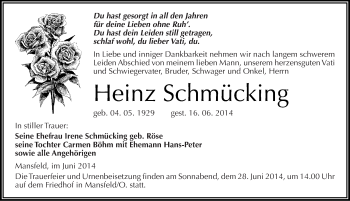 Traueranzeige von Heinz Schmücking von Mitteldeutsche Zeitung Mansfelder Land