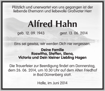 Traueranzeige von Alfred Hahn von Mitteldeutsche Zeitung