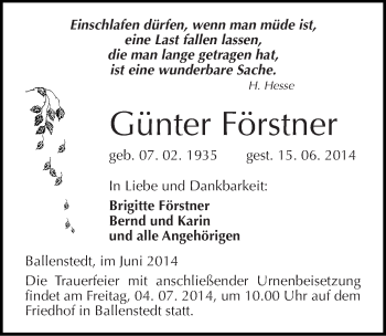 Traueranzeige von Günter Förstner von Mitteldeutsche Zeitung Quedlinburg