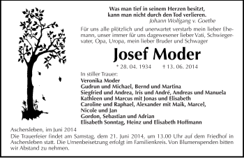 Traueranzeige von Josef Moder von Mitteldeutsche Zeitung Aschersleben