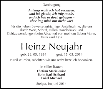 Traueranzeige von Heinz Neujahr von Mitteldeutsche Zeitung Merseburg/Querfurt