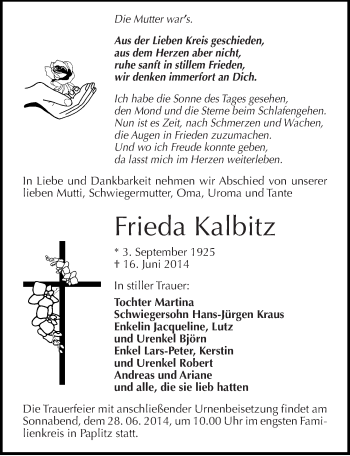 Traueranzeige von Frieda Kalbitz von Mitteldeutsche Zeitung Köthen