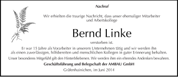 Traueranzeige von Bernd Linke von Mitteldeutsche Zeitung Wittenberg