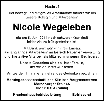 Traueranzeige von Nicole Wegeleben von Mitteldeutsche Zeitung Halle/Saalkreis