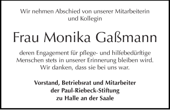 Traueranzeige von Monika Gaßmann von Mitteldeutsche Zeitung Halle/Saalkreis