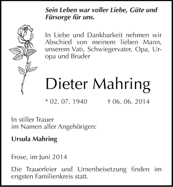 Traueranzeige von Dieter Mahring von Mitteldeutsche Zeitung Aschersleben