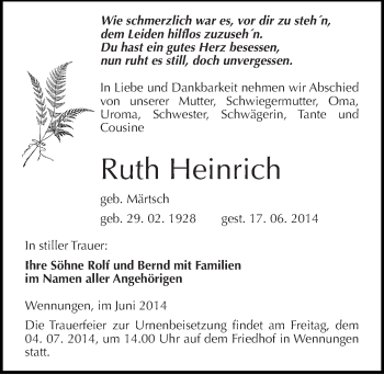 Traueranzeige von Ruth Heinrich von Mitteldeutsche Zeitung Naumburg/Nebra
