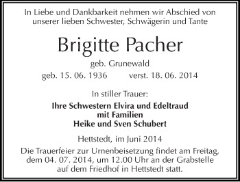 Traueranzeige von Brigitte Pacher von Mitteldeutsche Zeitung Mansfelder Land