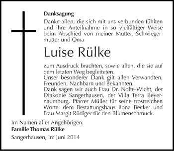 Traueranzeige von Luise Rülke von Mitteldeutsche Zeitung Sangerhausen