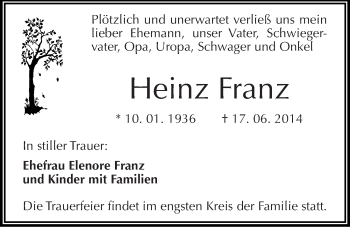 Traueranzeige von Heinz Franz von Mitteldeutsche Zeitung Köthen