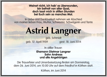 Traueranzeige von Astrid Langner von Mitteldeutsche Zeitung Köthen