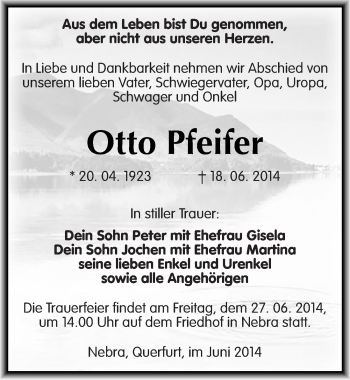 Traueranzeige von Otto Pfeifer von Mitteldeutsche Zeitung Naumburg/Nebra