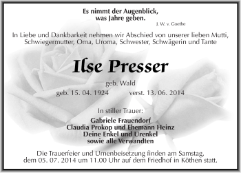 Traueranzeige von Ilse Presser von Mitteldeutsche Zeitung Köthen