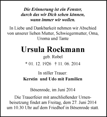 Traueranzeige von Ursula Rockmann von Mitteldeutsche Zeitung Sangerhausen