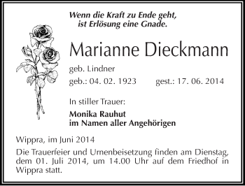 Traueranzeige von Marianne Dieckmann von Mitteldeutsche Zeitung Mansfelder Land